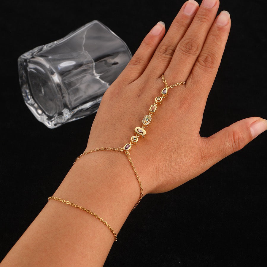 Cubic Zirconia Hand Chain Bracelet - Double Wrap Wrist to Finger