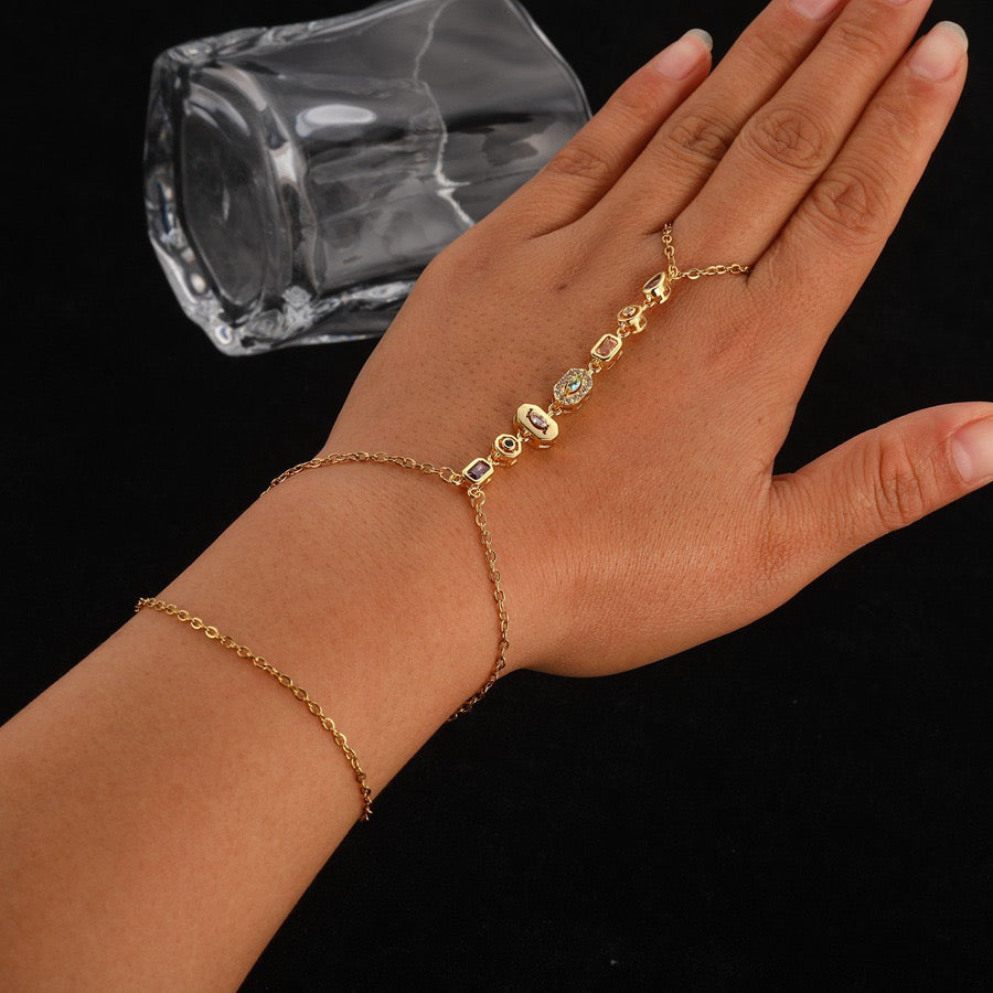 Cubic Zirconia Hand Chain Bracelet - Double Wrap Wrist to Finger
