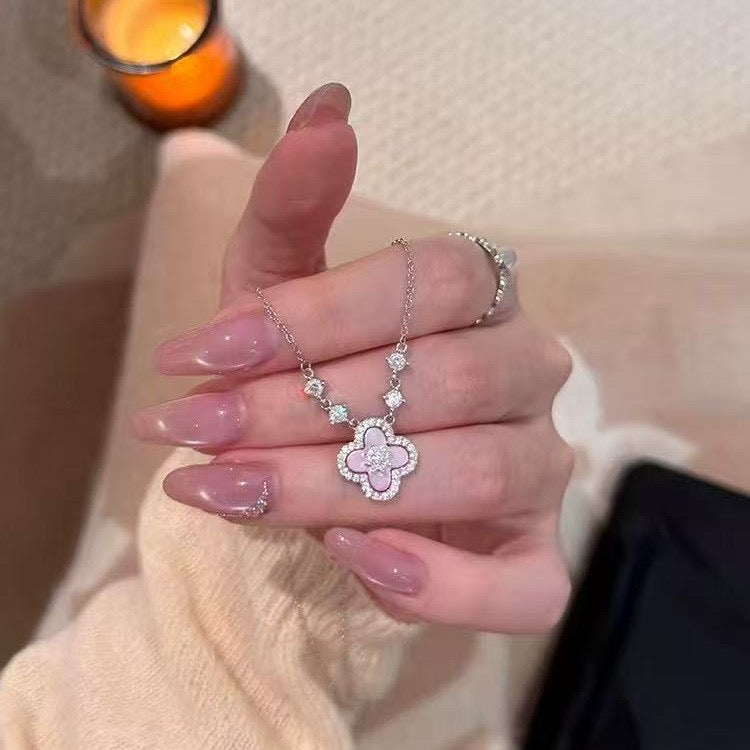 Pink Clover Necklace for Women, Mother of Pearl Four Leaf Clover Pendant, Gold Plated Lucky Charm Jewelry Gift