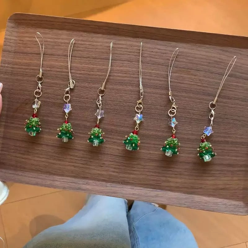 Handmade Beaded Christmas Tree Phone Charm - Green Crystal with Red Star