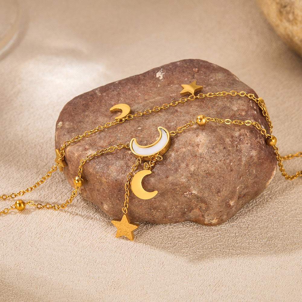 Celestial Moon and Star Double Chain Anklet - 14K Gold Plated