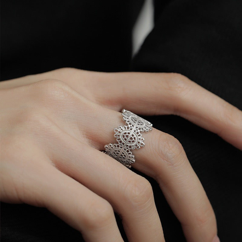 French Lace Ring Women Silver Plated Adjustable Open Ring Vintage Hollow