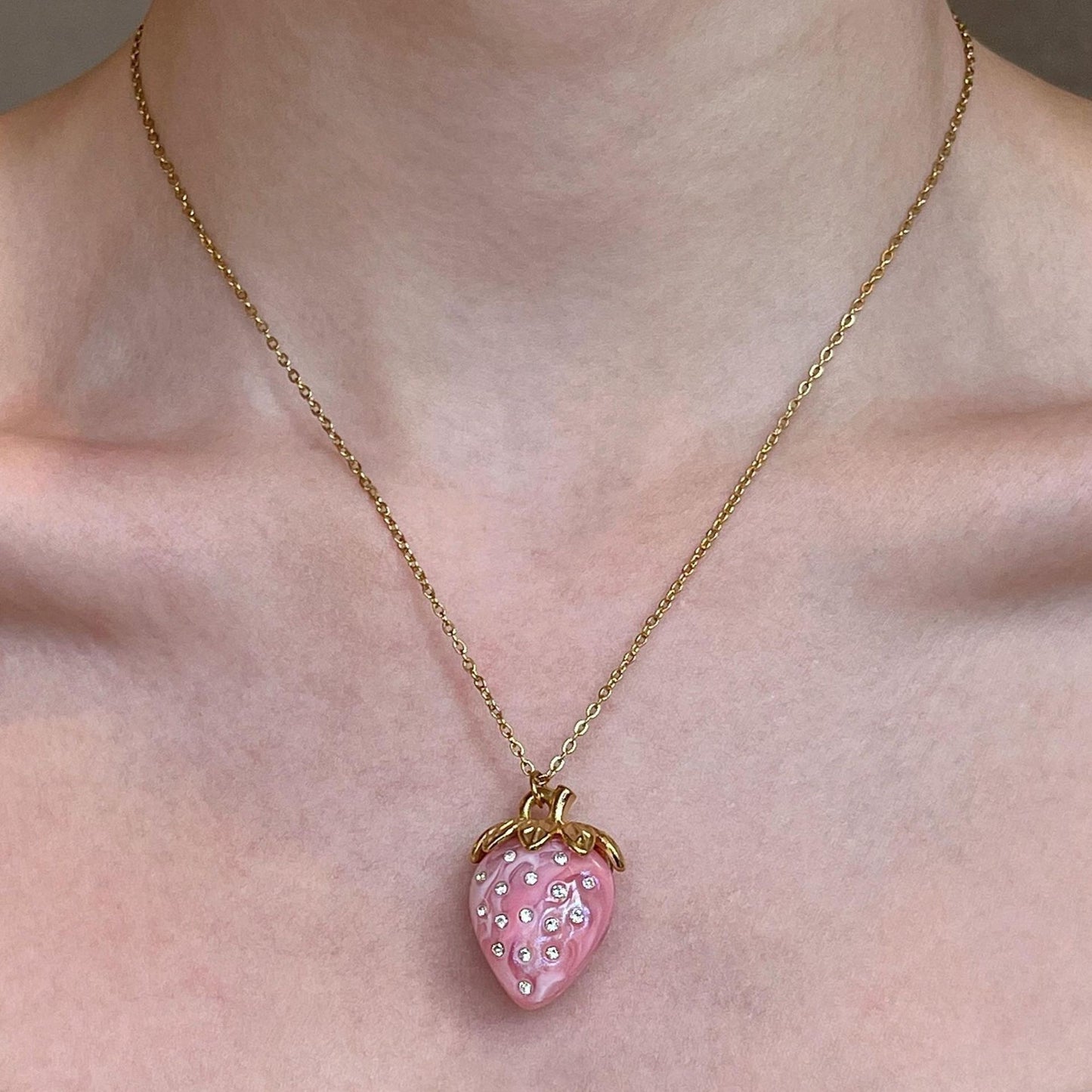 Gold Plated Layered Necklace Set - Pink Strawberry & Crystal Key Charms - 2 Piece Stackable or Separate Wear