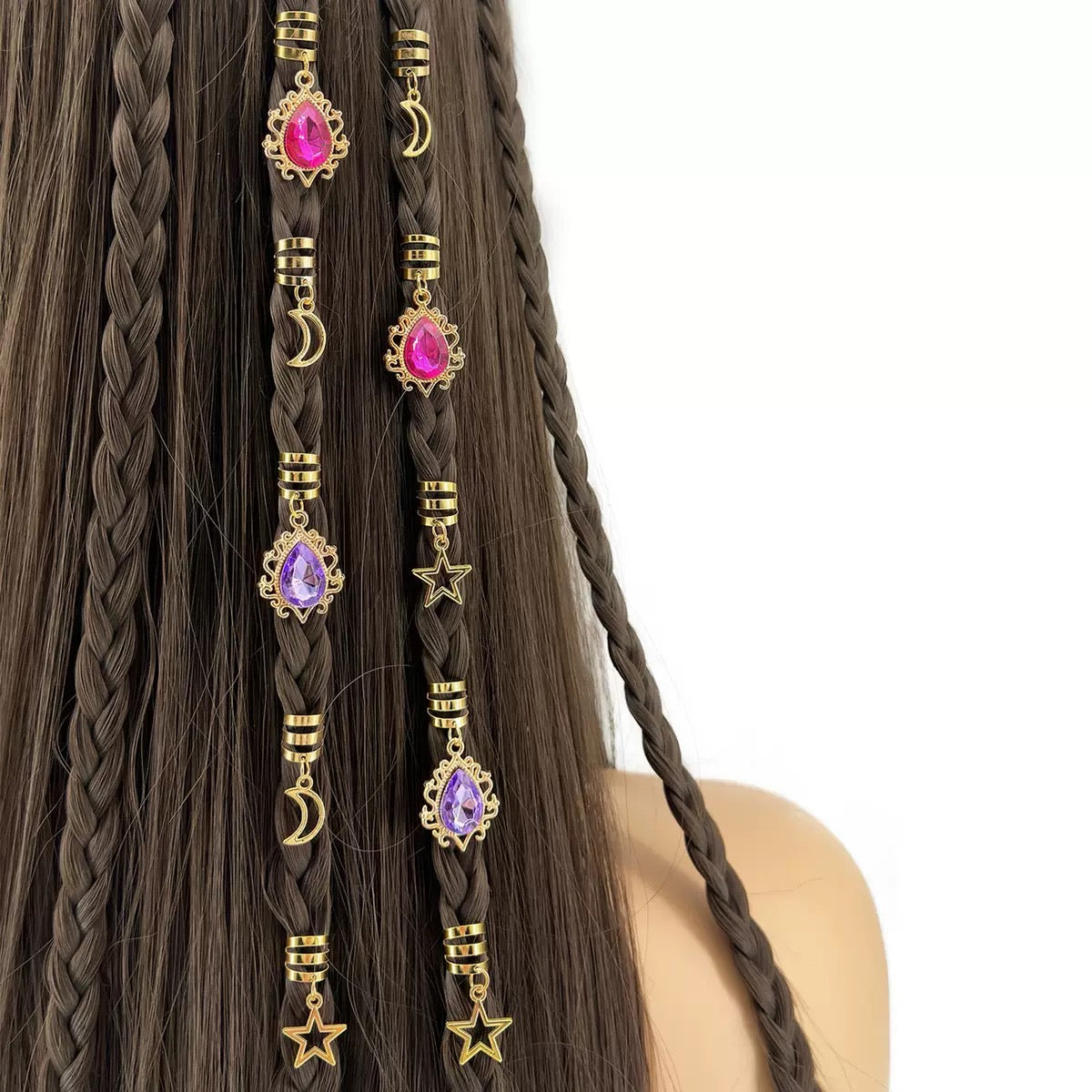 Gold Hair Braid Charms Set - Star Moon Gemstone Pendants