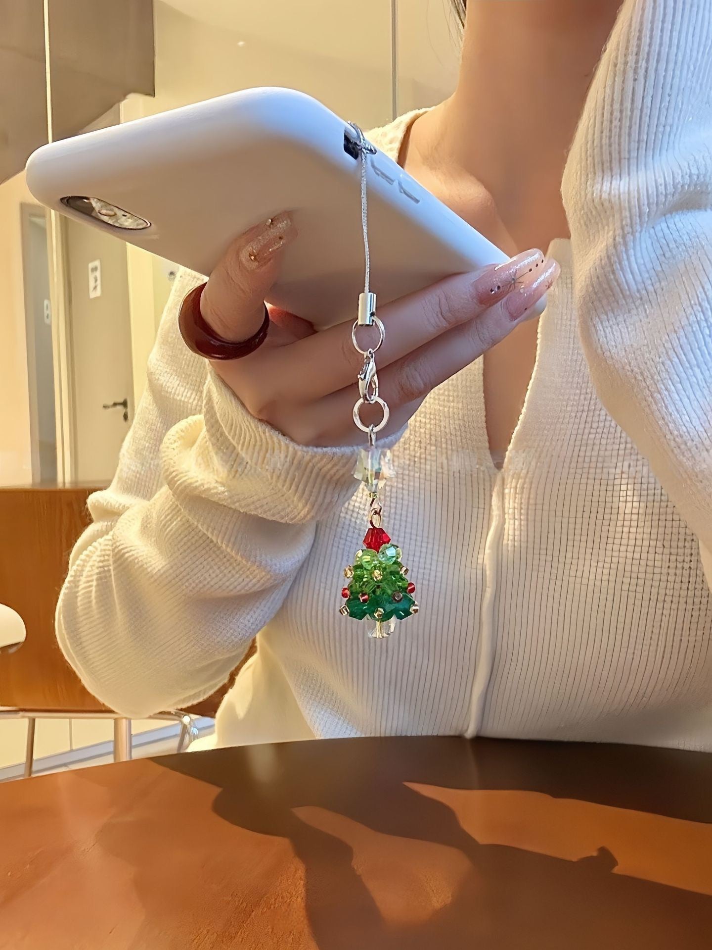 Handmade Beaded Christmas Tree Phone Charm - Green Crystal with Red Star