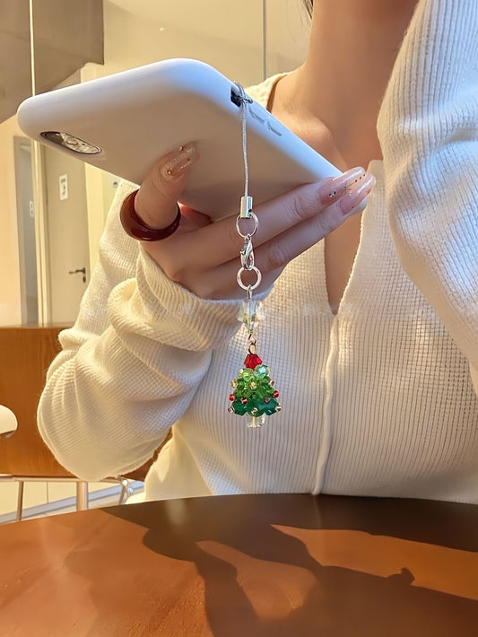Handmade Beaded Christmas Tree Phone Charm - Green Crystal with Red Star