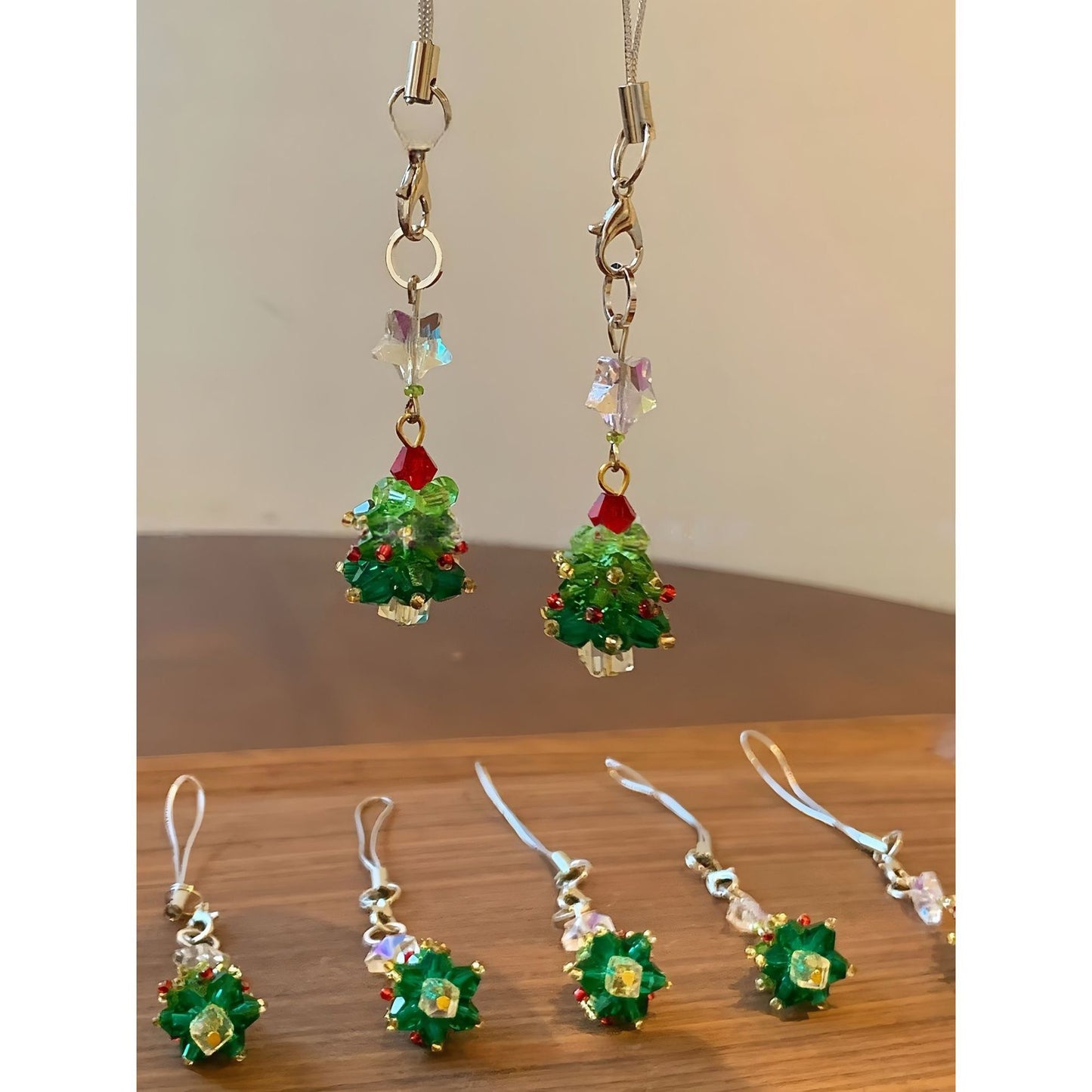 Handmade Beaded Christmas Tree Phone Charm - Green Crystal with Red Star