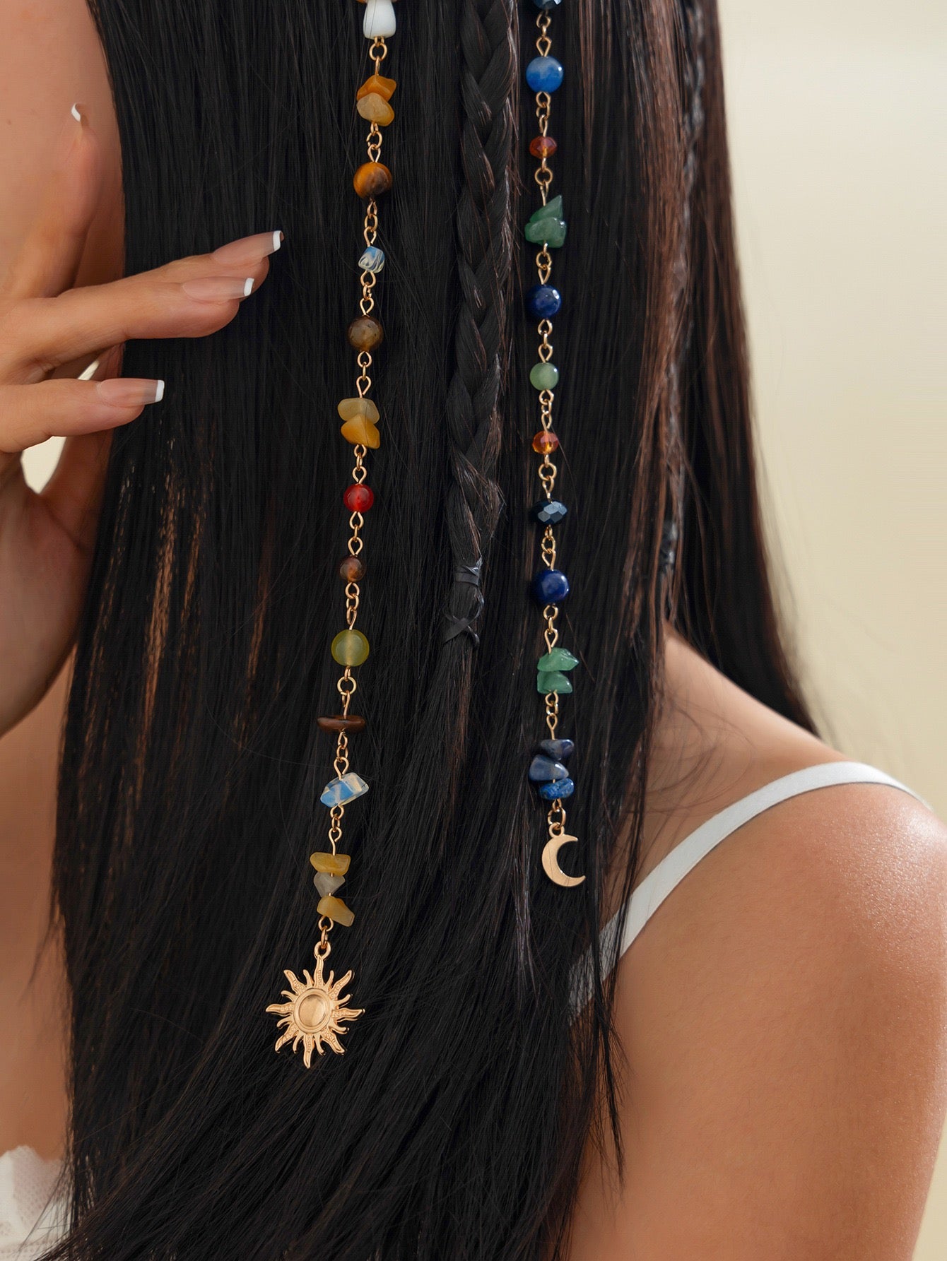 Boho Gemstone Hair Chain with Sun Moon Charms - Festival Hair Jewelry for Braids