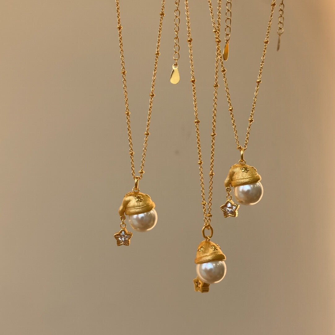 Gold Plated Faux Pearl Snowman Necklace with Star Charm - Handmade Brushed Finish