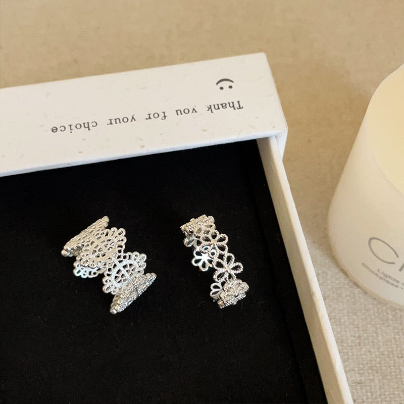 French Lace Ring Women Silver Plated Adjustable Open Ring Vintage Hollow