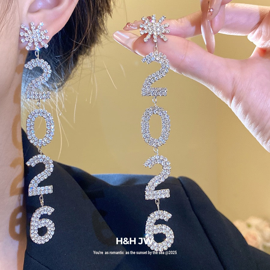 2026 New Year Crystal Number Earrings Snowflake Statement Jewelry