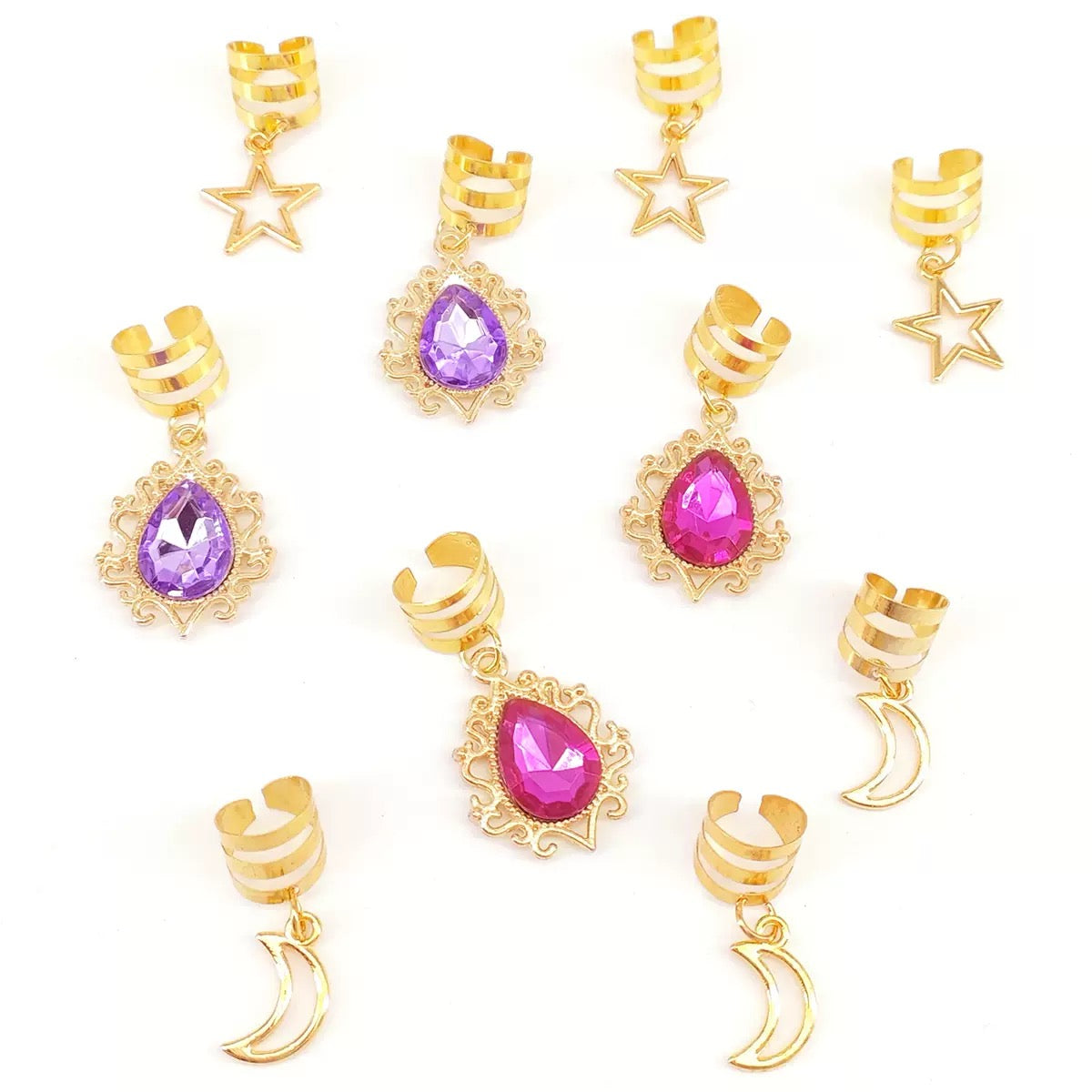 Gold Hair Braid Charms Set - Star Moon Gemstone Pendants