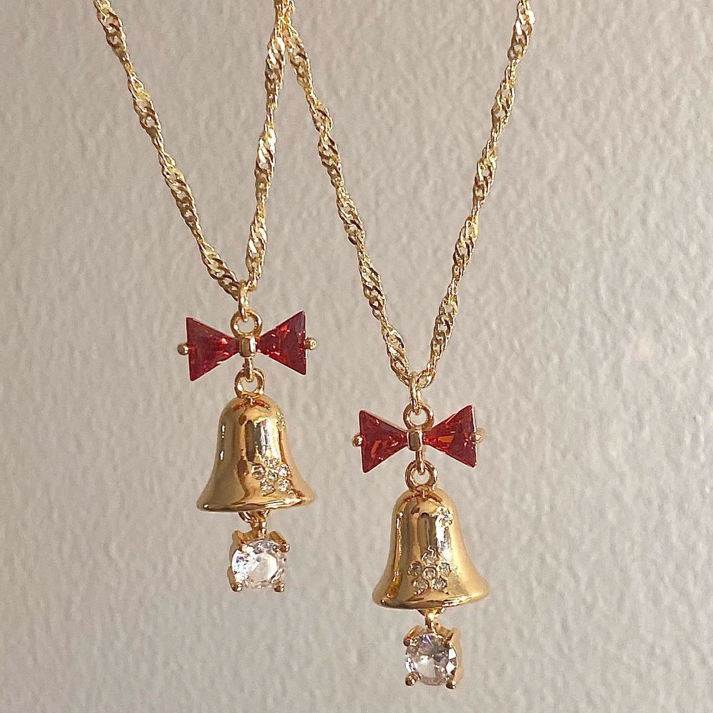 Christmas Bell Necklace Earrings Set - Red Bow CZ Jewelry Gold Silver Holiday Gift for Women