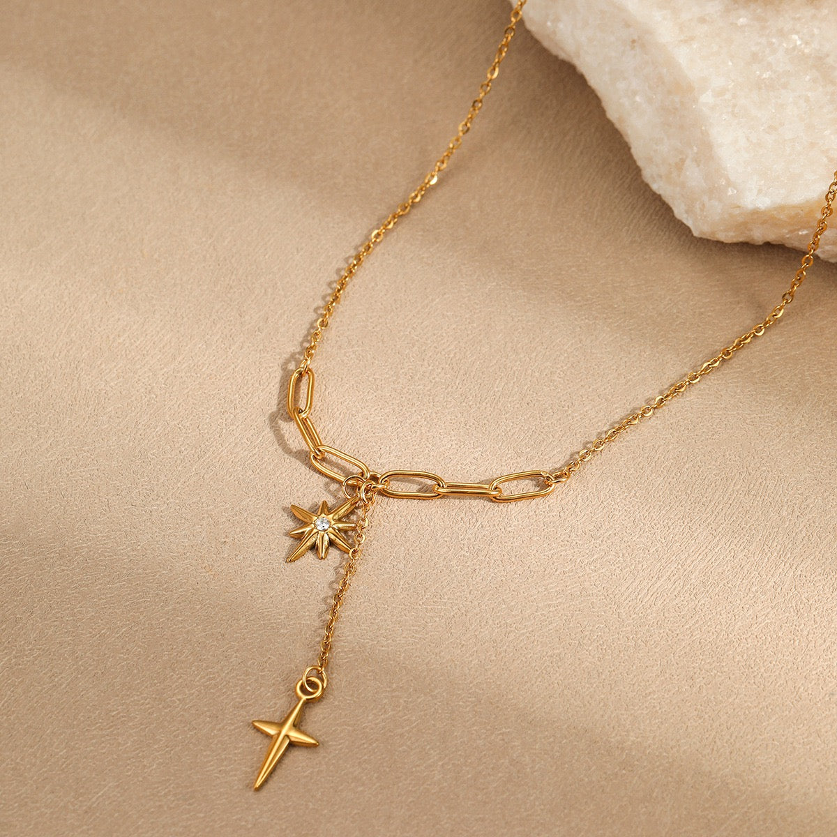 Gold Plated Star Cross Lariat Necklace Y Chain Dainty Layering Necklace for Women