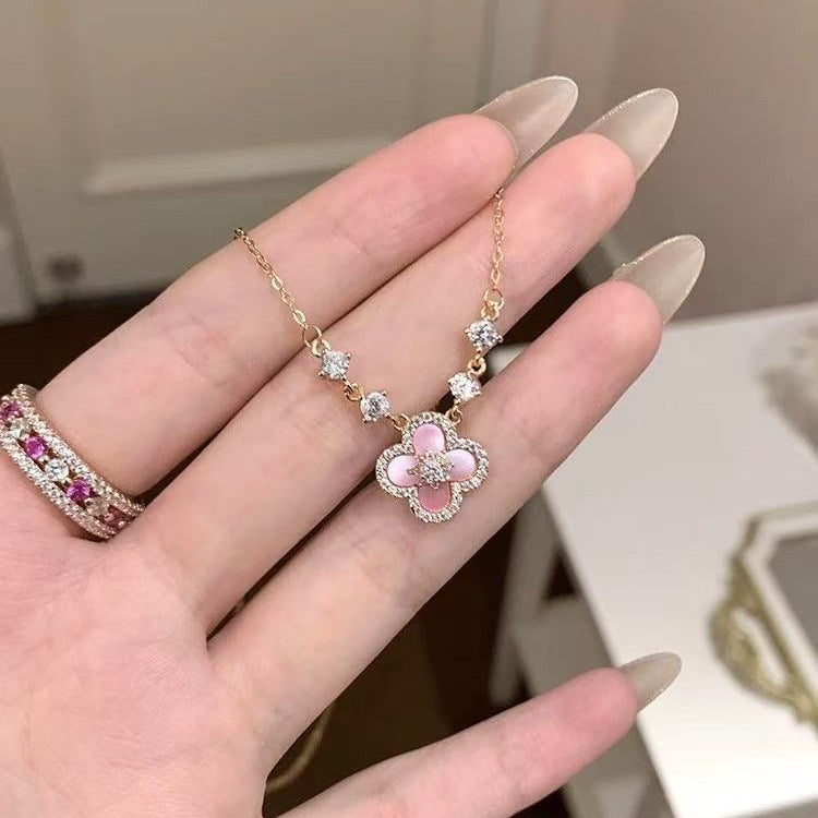 Pink Clover Necklace for Women, Mother of Pearl Four Leaf Clover Pendant, Gold Plated Lucky Charm Jewelry Gift