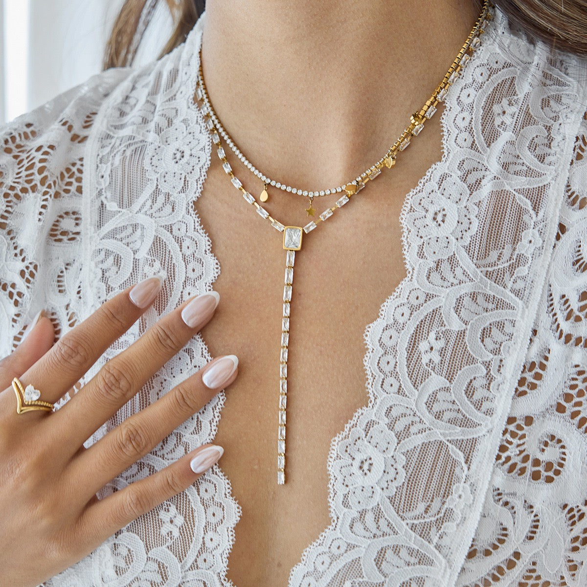 Y Lariat Necklace for Women - Dainty Layering Necklace Stainless Steel CZ Drop Pendant Delicate Minimalist Jewelry