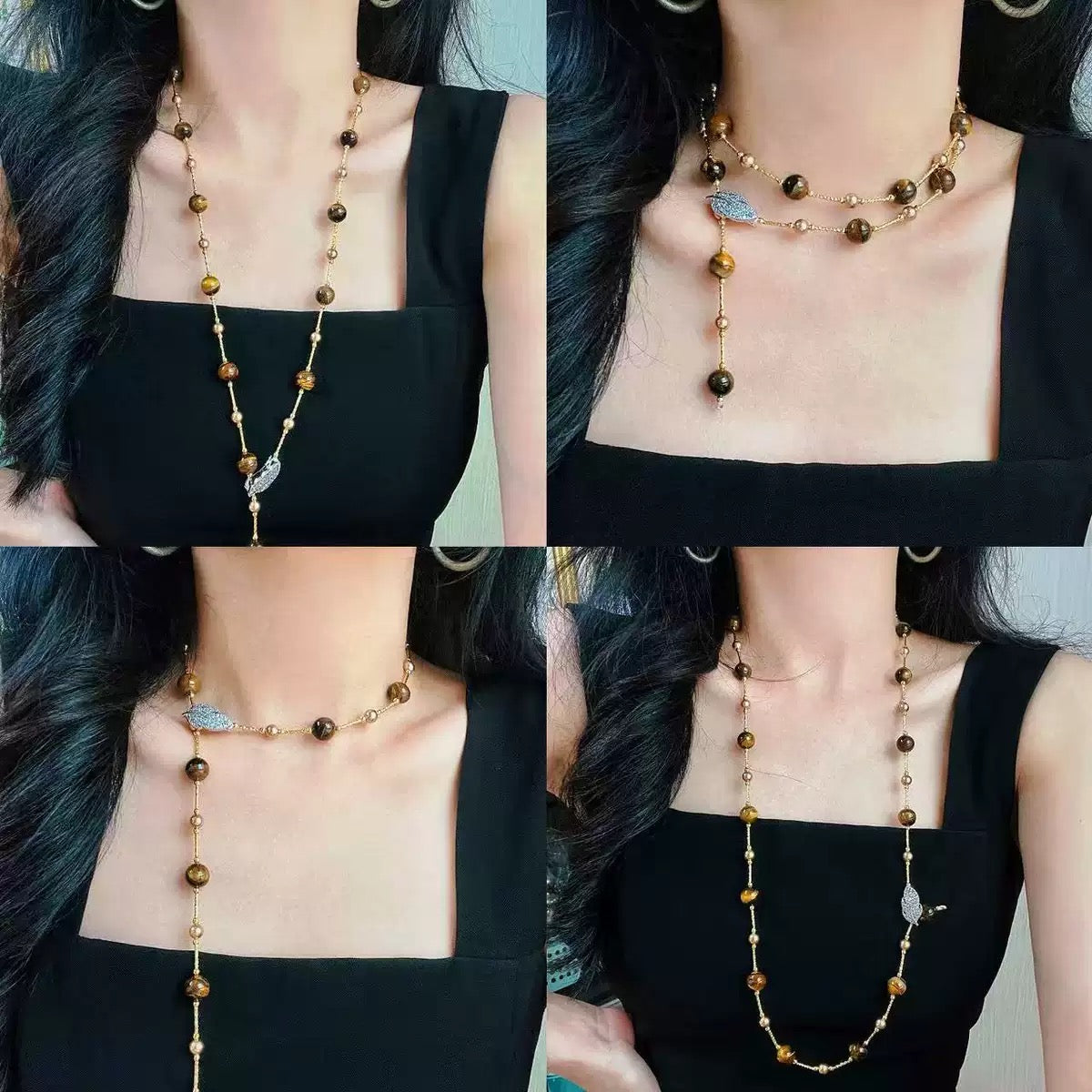 Tiger's Eye Sweater Necklace Long Layered Chain Crystal Leaf Accent