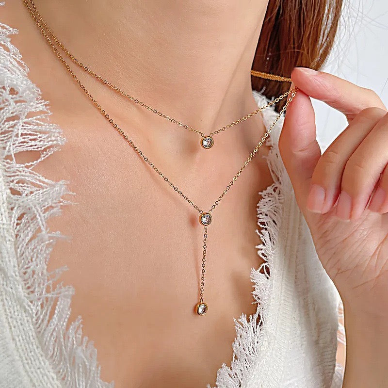 Y Lariat Necklace for Women - Dainty Layering Necklace Stainless Steel CZ Drop Pendant Delicate Minimalist Jewelry