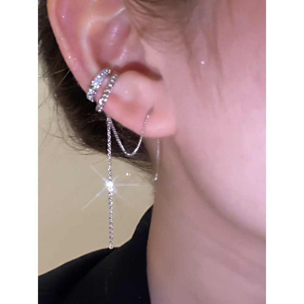 Silver Plated Crystal Chain Ear Cuff - Double Layer No Piercing Earring