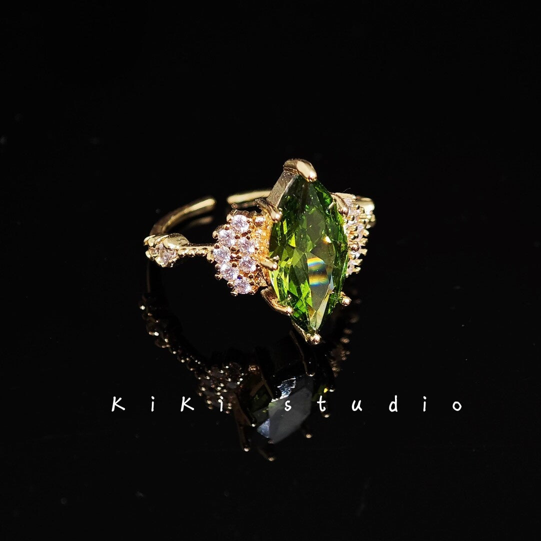 Olive Green Zirconia Ring - Adjustable Gold Plated Open Ring Vintage
