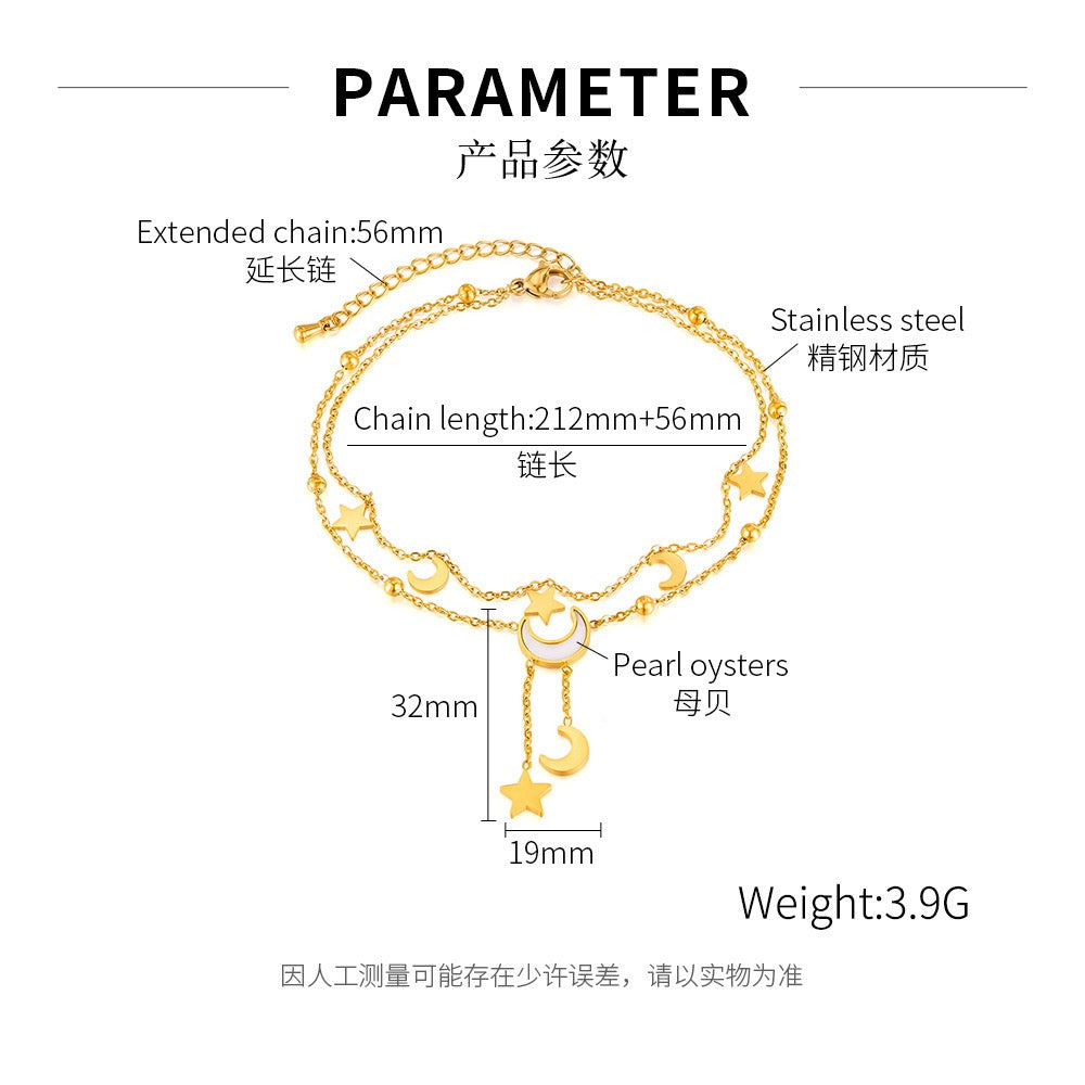 Celestial Moon and Star Double Chain Anklet - 14K Gold Plated