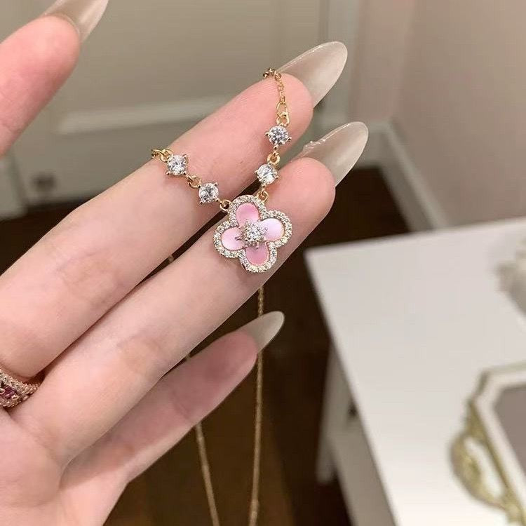 Pink Clover Necklace for Women, Mother of Pearl Four Leaf Clover Pendant, Gold Plated Lucky Charm Jewelry Gift