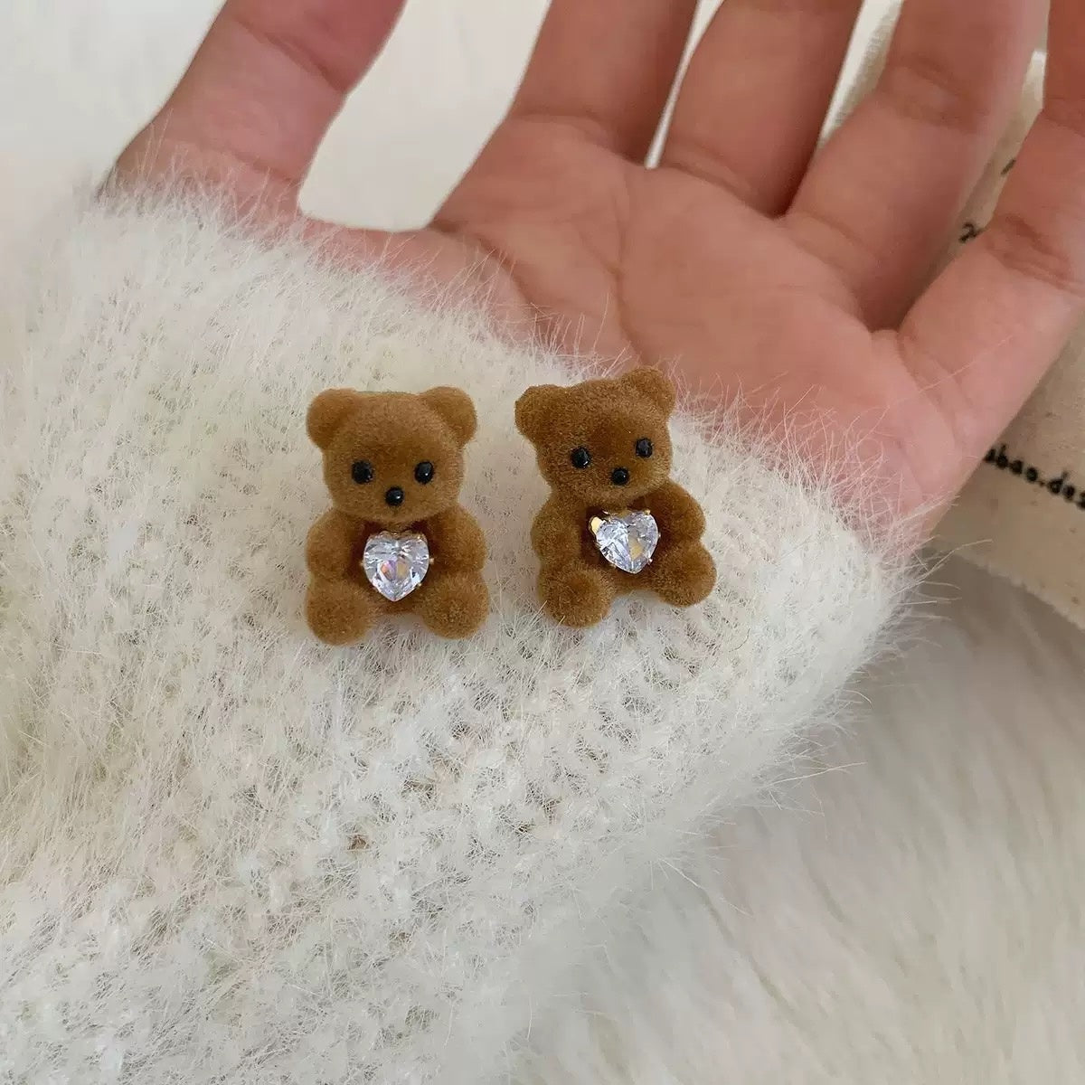 Cute Teddy Bear Stud Earrings Women Flocked Brown Bear Hugging Heart Zirconia Kawaii Gift