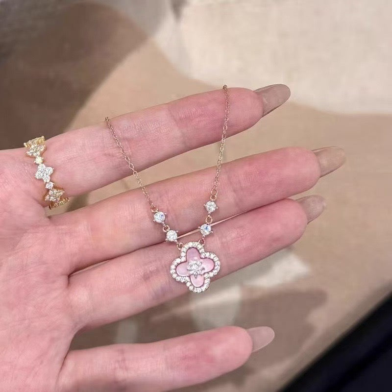 Pink Clover Necklace for Women, Mother of Pearl Four Leaf Clover Pendant, Gold Plated Lucky Charm Jewelry Gift