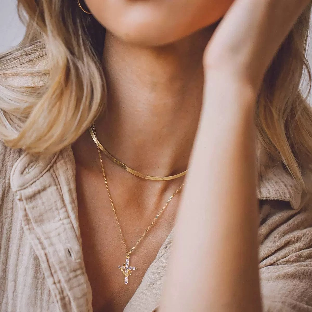 Gold Cross Necklace for Women, CZ Rhinestone Pendant, Rotating Crown Faith Jewelry Gift