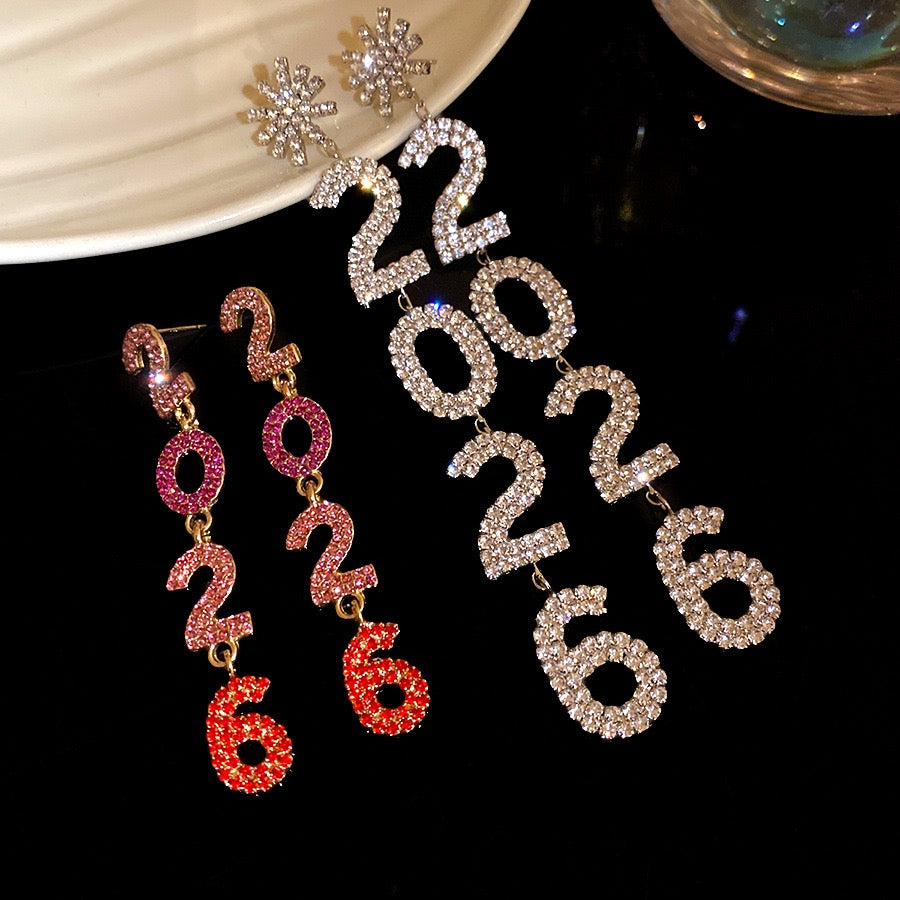 2026 New Year Crystal Number Earrings Snowflake Statement Jewelry