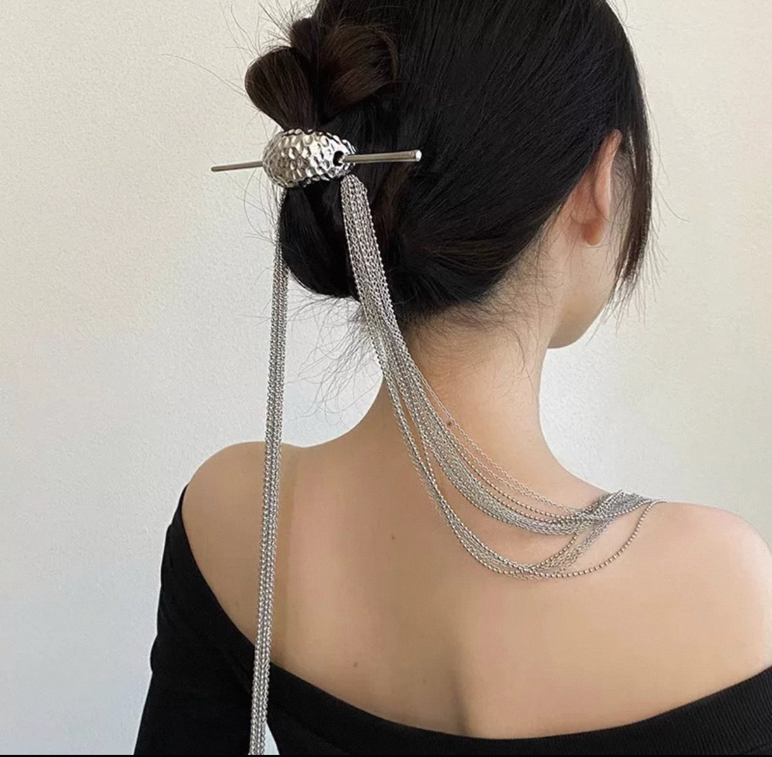 Silver Chain Tassel Hair Stick with Crystal