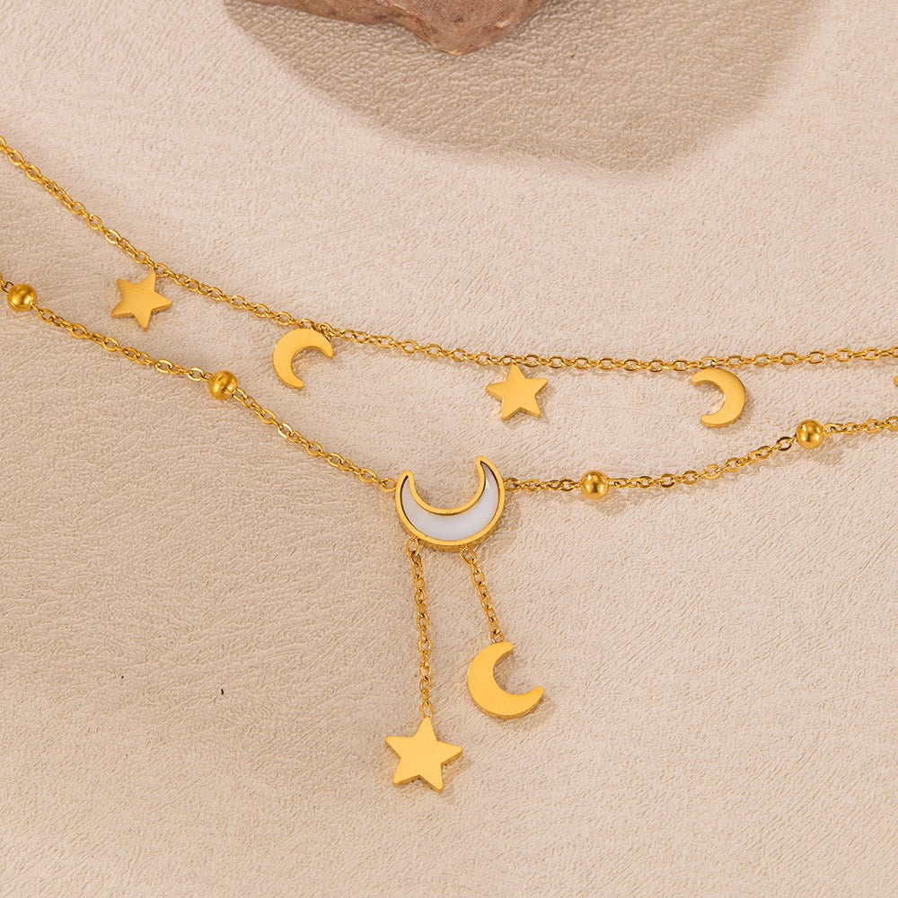 Celestial Moon and Star Double Chain Anklet - 14K Gold Plated