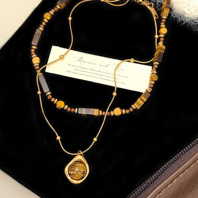 Tiger's Eye Layered Necklace Set - Gold Teardrop Pendant Double Chain