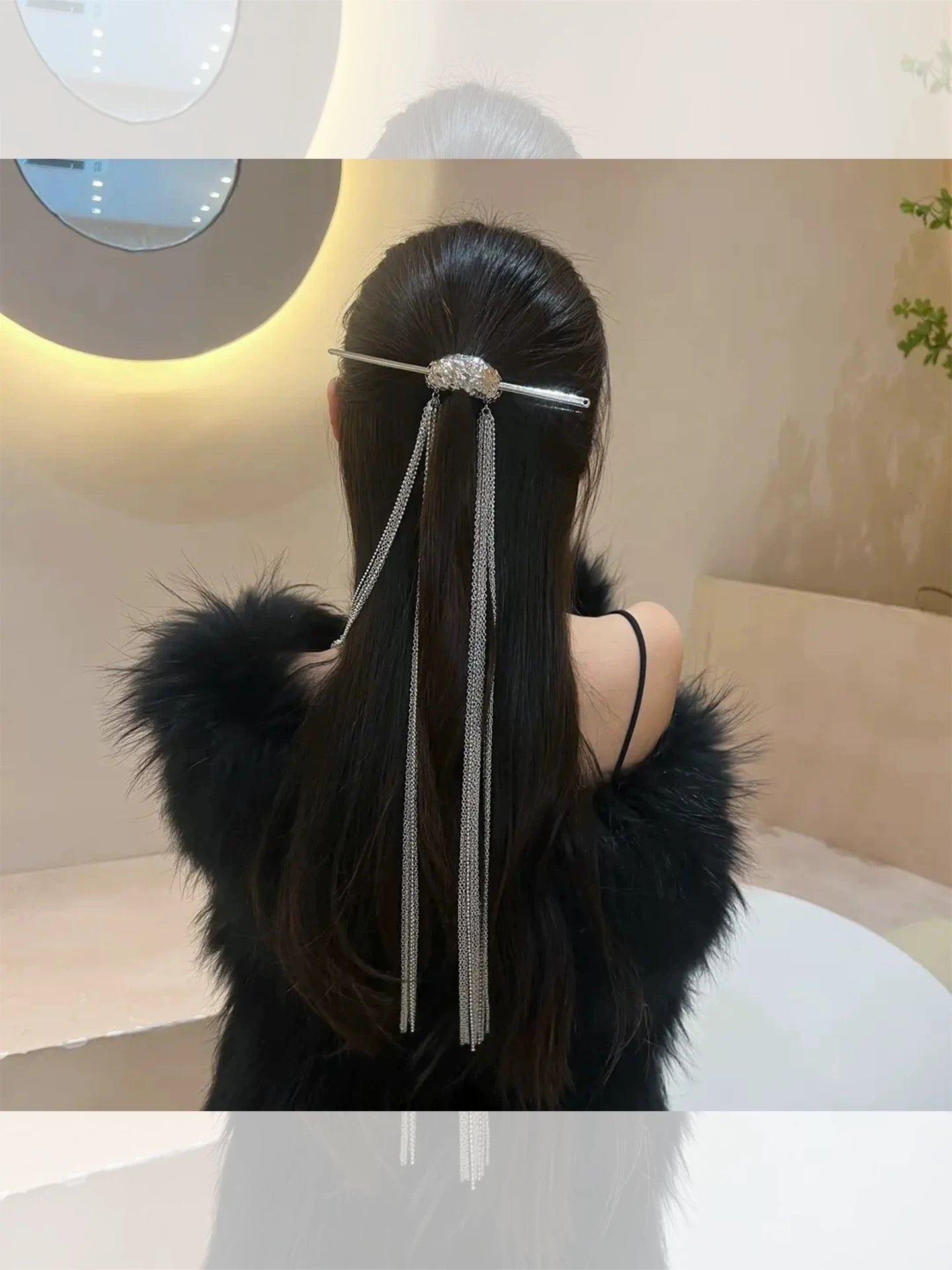 Silver Chain Tassel Hair Stick with Crystal