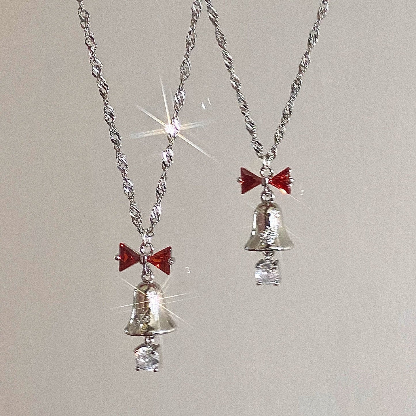 Christmas Bell Necklace Earrings Set - Red Bow CZ Jewelry Gold Silver Holiday Gift for Women