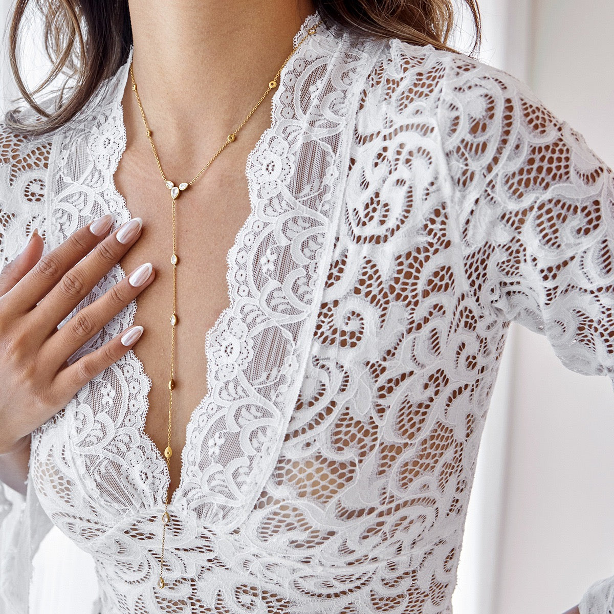 Y Lariat Necklace for Women - Dainty Layering Necklace Stainless Steel CZ Drop Pendant Delicate Minimalist Jewelry