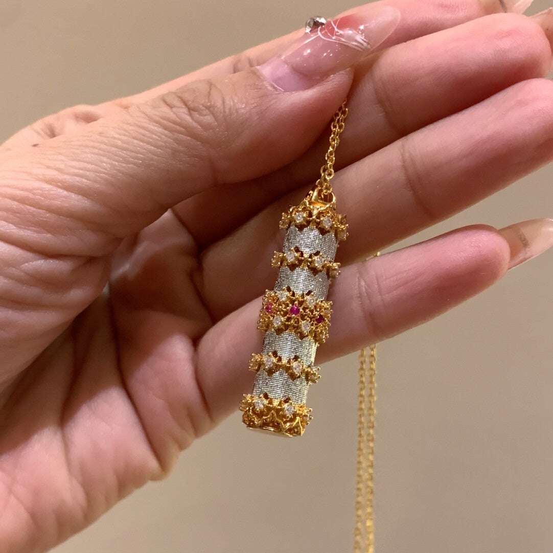 Luxury Gold Plated Kaleidoscope Cylinder Necklace - Handmade Brushed Finish with Gemstone Accents