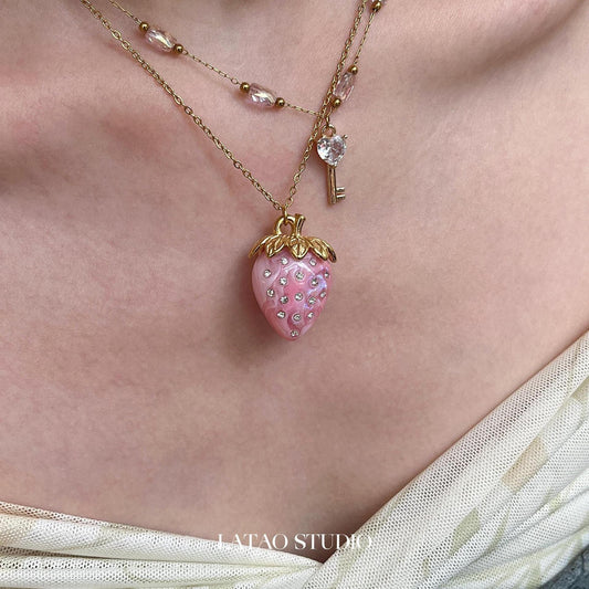 Gold Plated Layered Necklace Set - Pink Strawberry & Crystal Key Charms - 2 Piece Stackable or Separate Wear