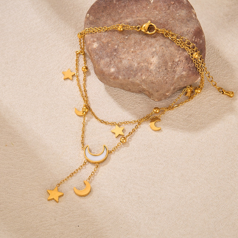 Celestial Moon and Star Double Chain Anklet - 14K Gold Plated