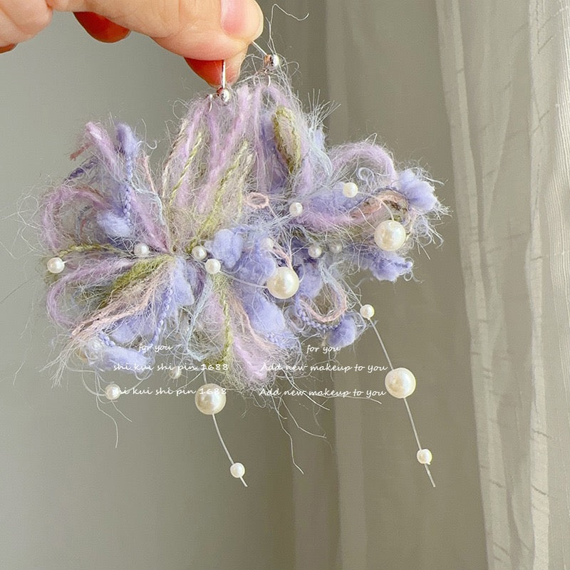 Whimsical Purple Fluffy Flower Pearl Earrings - Statement Jewelry