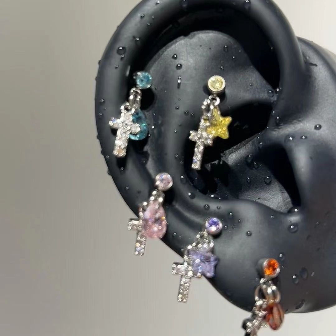 Colorful CZ Cross Earrings - Gold Plated Dangle Stud Earrings for Women Multi Piercing Jewelry Set