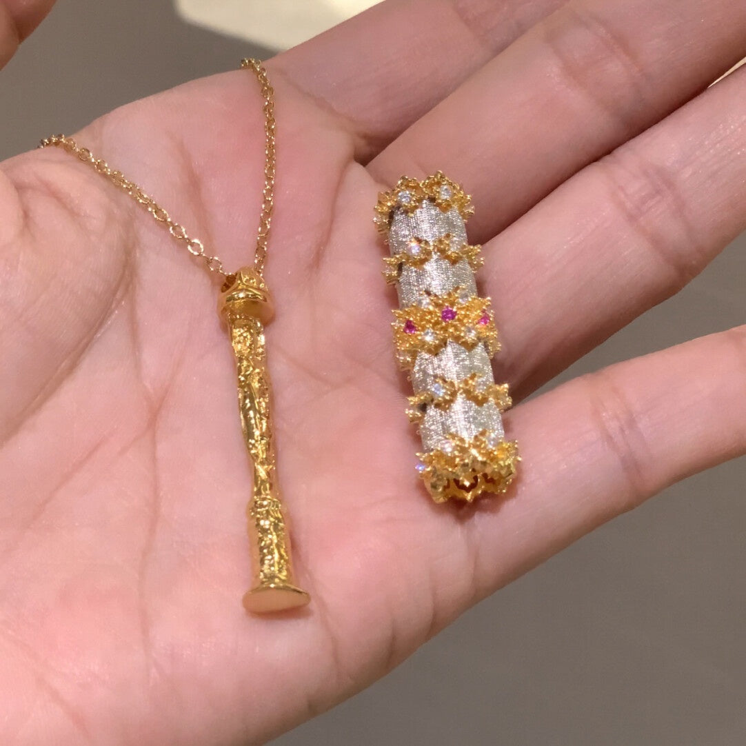 Luxury Gold Plated Kaleidoscope Cylinder Necklace - Handmade Brushed Finish with Gemstone Accents