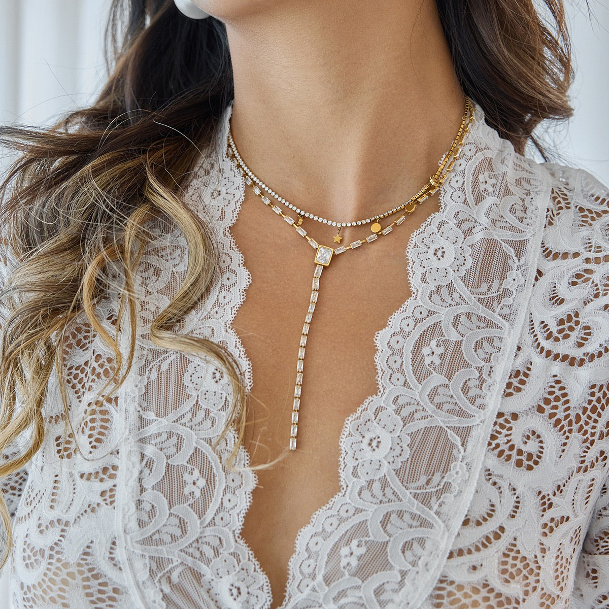 Y Lariat Necklace for Women - Dainty Layering Necklace Stainless Steel CZ Drop Pendant Delicate Minimalist Jewelry