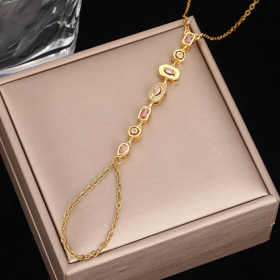 Cubic Zirconia Hand Chain Bracelet - Double Wrap Wrist to Finger