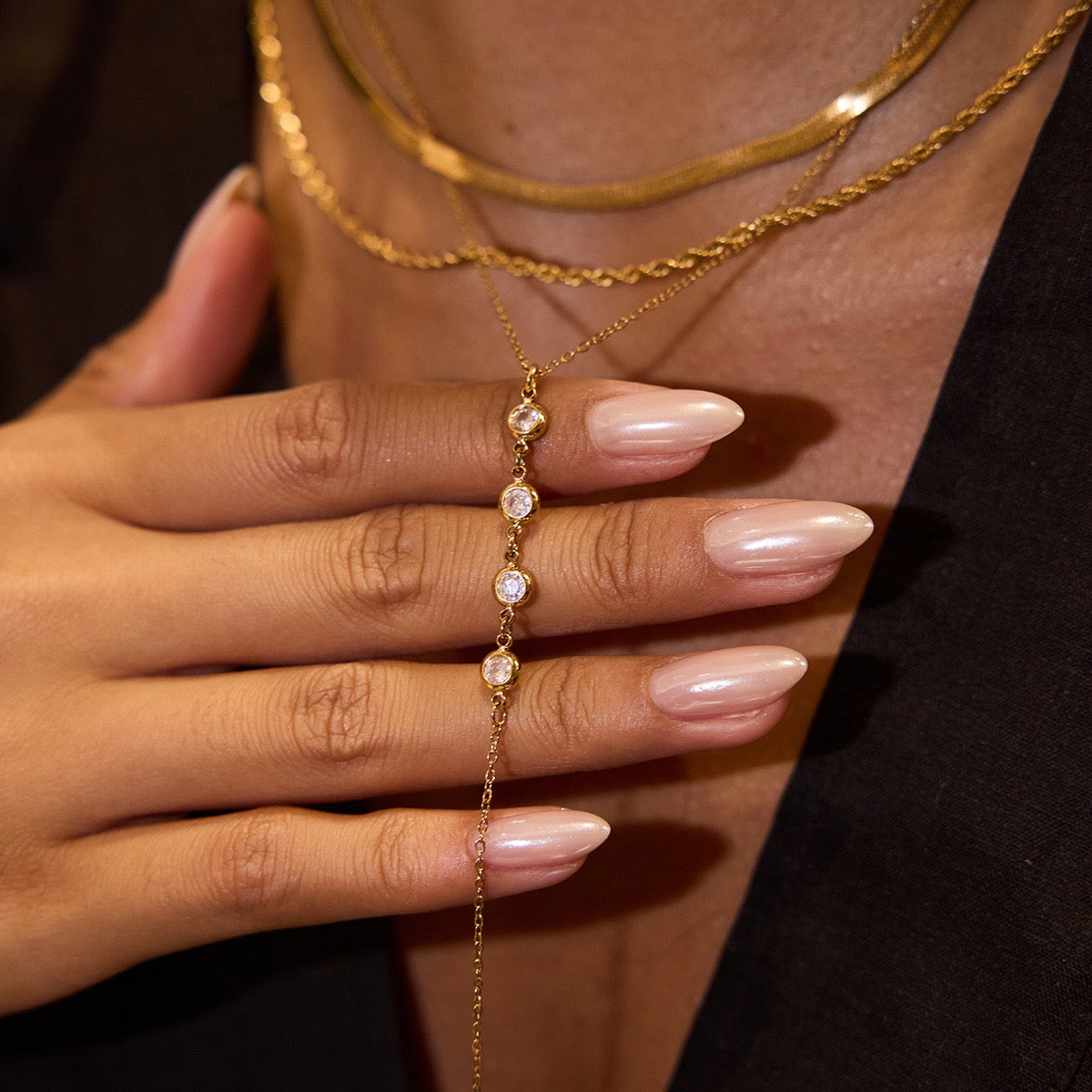 Y Lariat Necklace for Women - Dainty Layering Necklace Stainless Steel CZ Drop Pendant Delicate Minimalist Jewelry