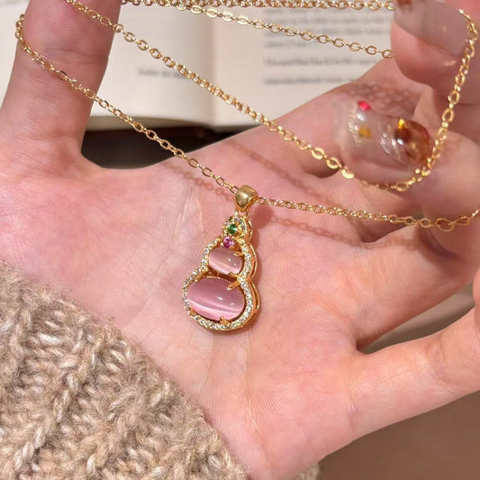 Pink Cat's Eye Gourd Pendant Necklace - 18K Gold Plated Lucky Charm with Colorful Gems