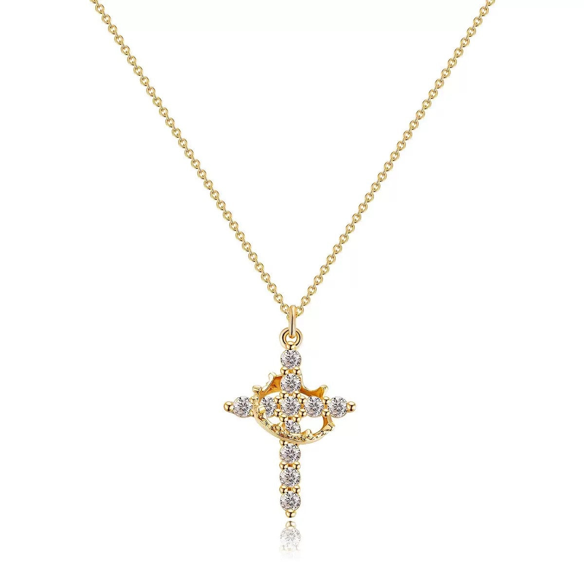 Gold Cross Necklace for Women, CZ Rhinestone Pendant, Rotating Crown Faith Jewelry Gift