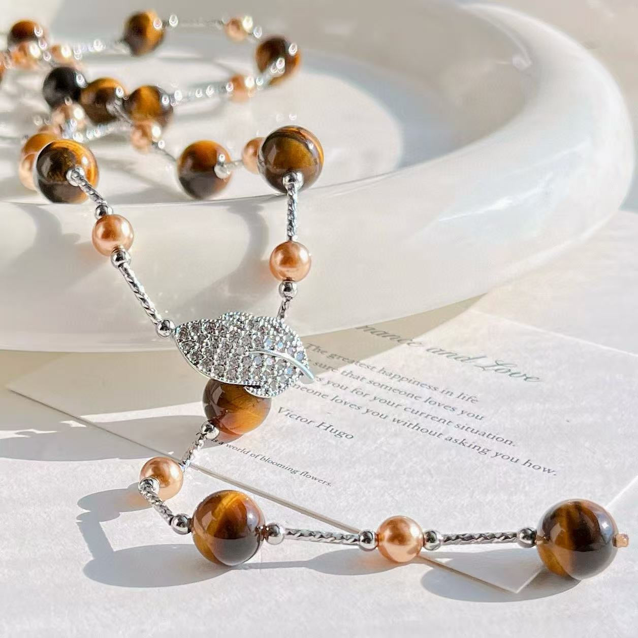 Tiger's Eye Sweater Necklace Long Layered Chain Crystal Leaf Accent