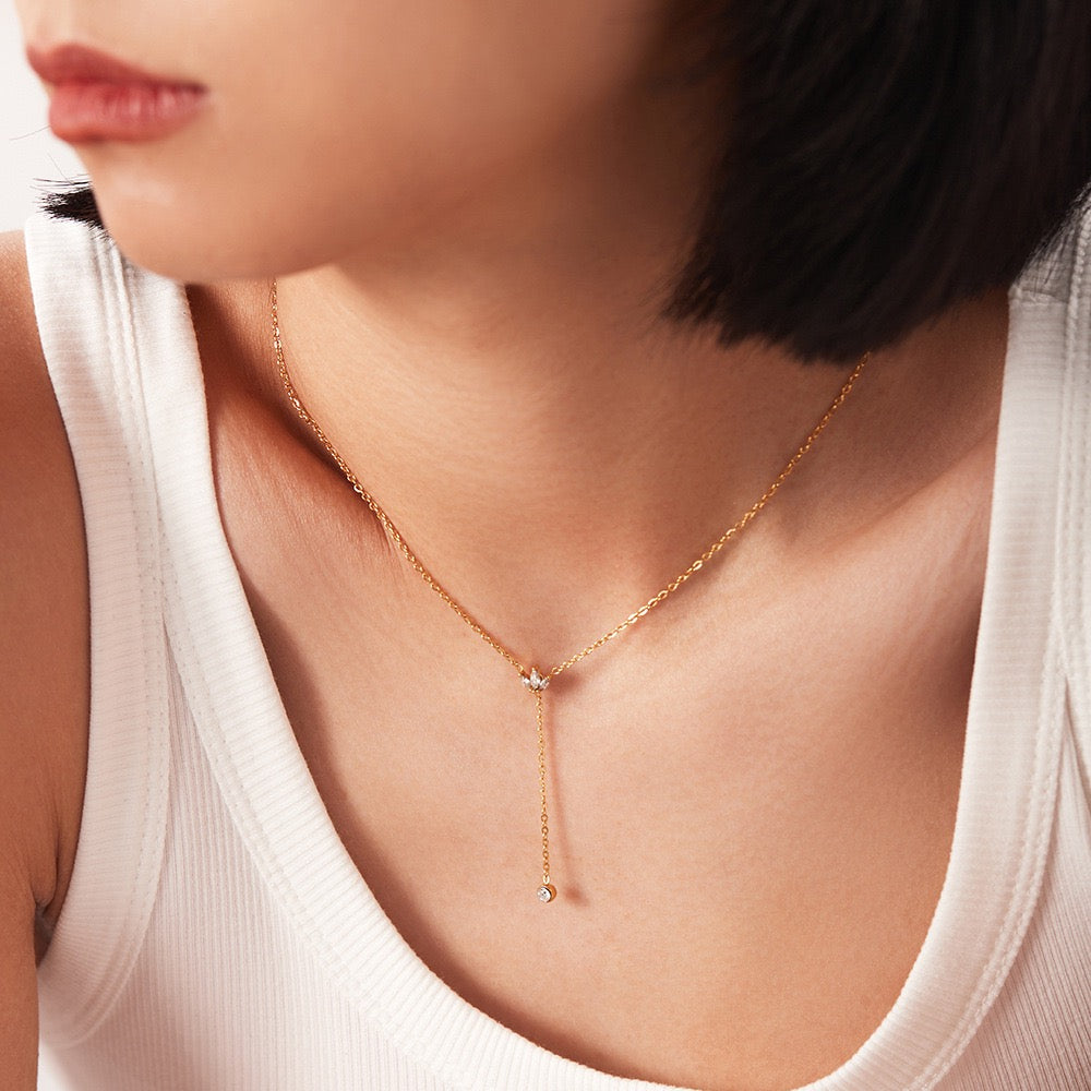 Y Lariat Necklace for Women - Dainty Layering Necklace Stainless Steel CZ Drop Pendant Delicate Minimalist Jewelry