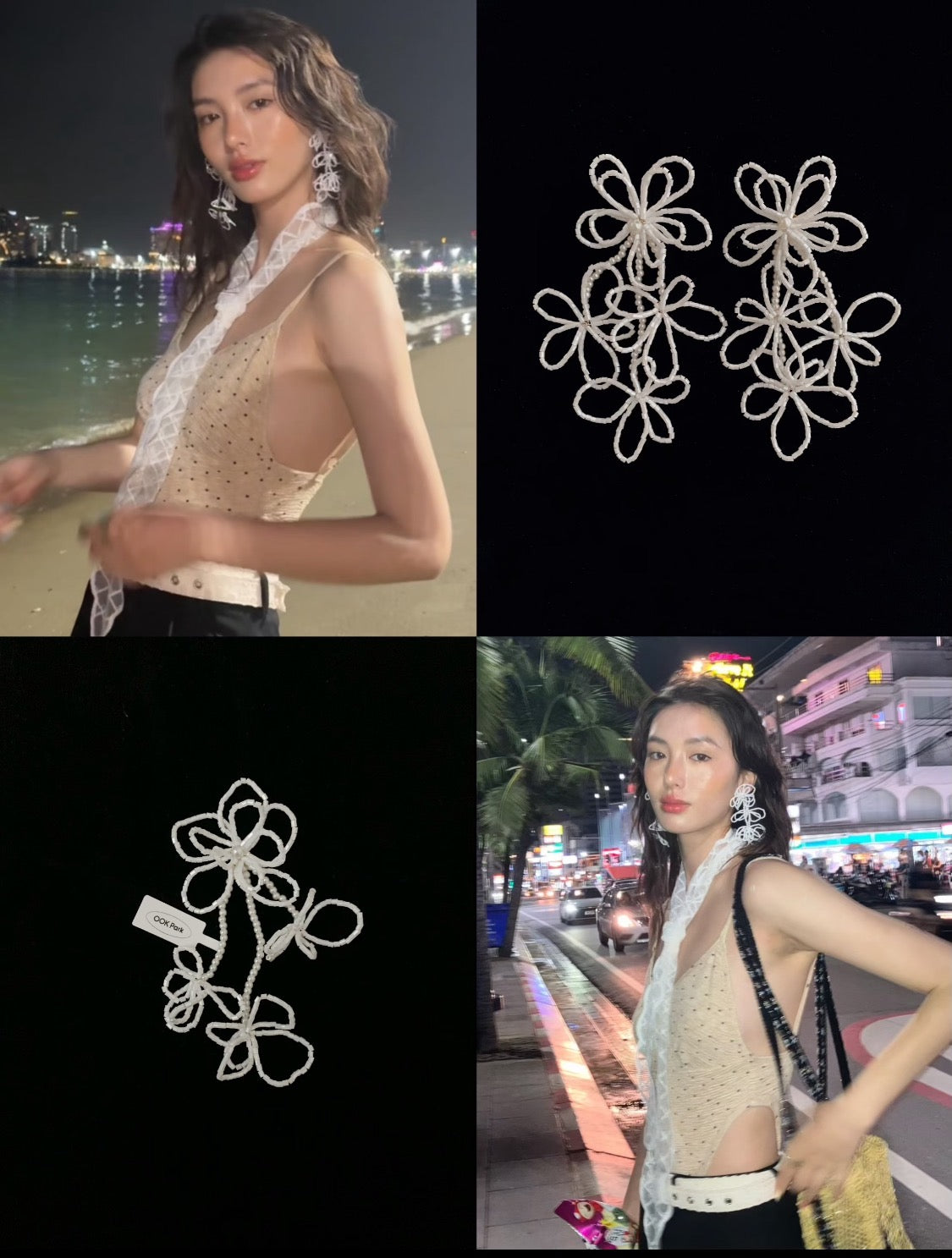 Handmade Beaded Flower Dangle Earrings for Women, White Long Drop Floral Statement Earrings, Lightweight Seed Bead Boho Jewelry for Parties, Weddings & Daily Wear